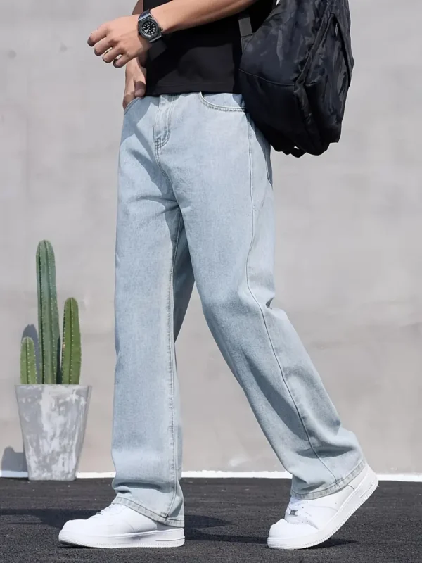 Men’s Light Washed Straight Leg Jeans – Casual Loose Fit with Zipper Fly