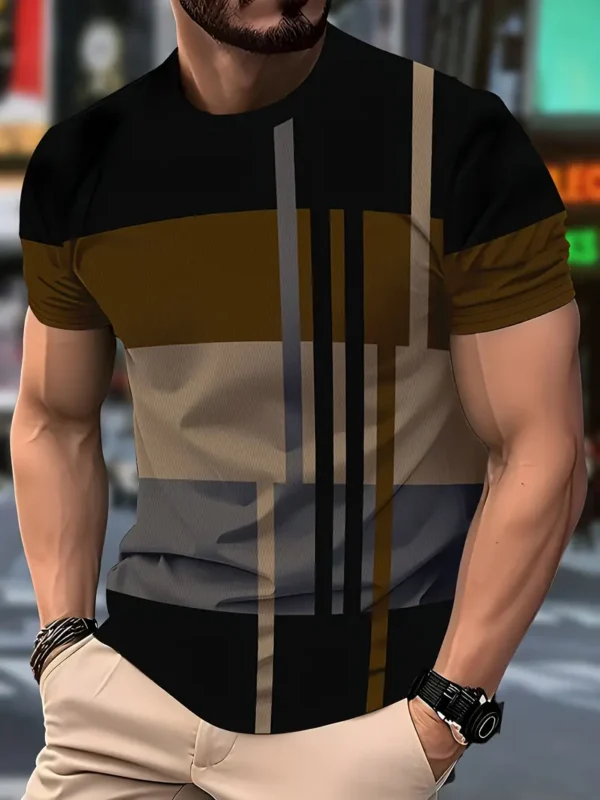 Men’s Casual Color Block T-Shirt – Beige & Gray Vertical Panel, Round Neck, Machine Washable